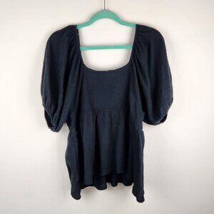 Madewell Black Puff Sleeve Square Neck Peplum Top sz XL